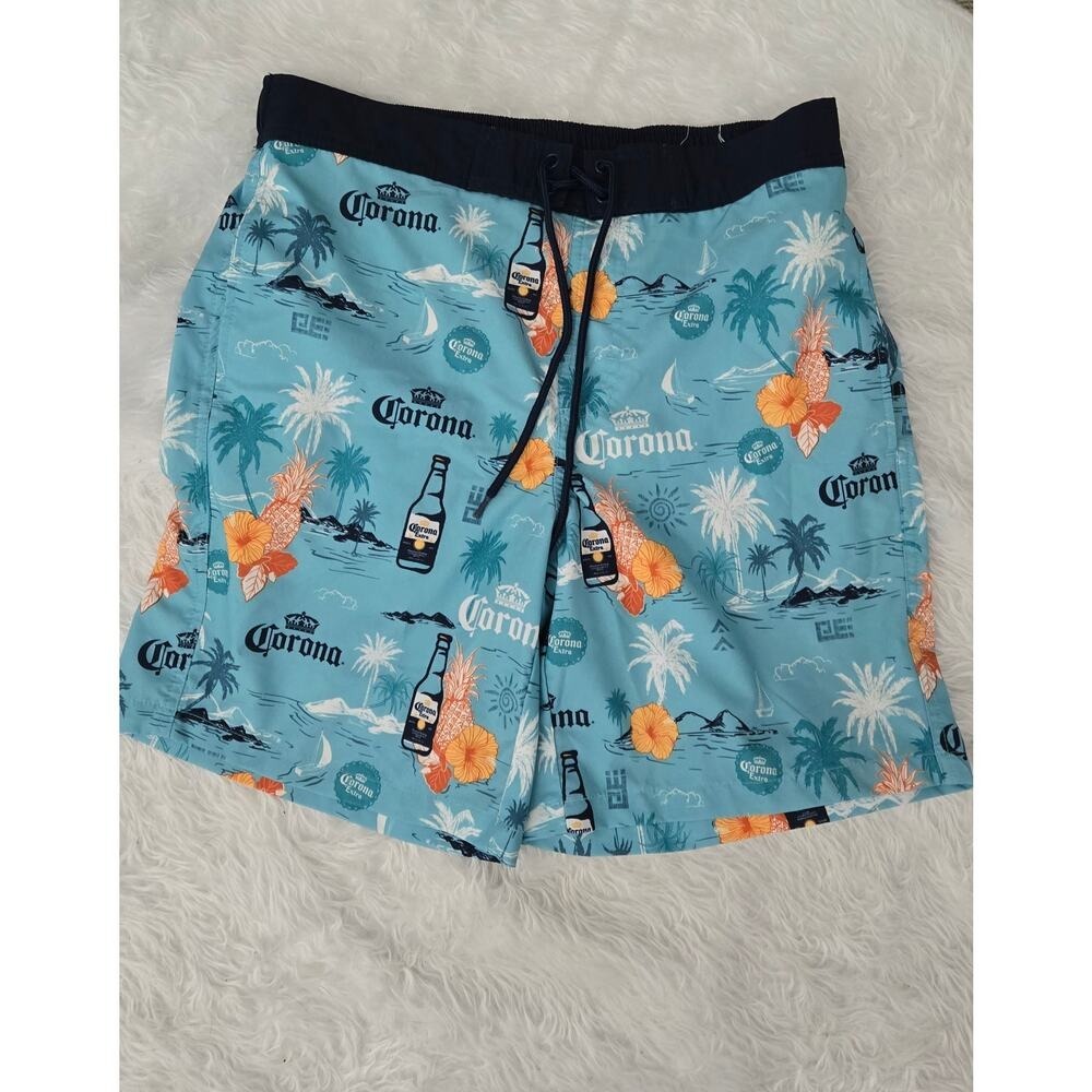 Corona‎ Extra Mens Tropical Island Print Swim Trunks Blue 32/34 Board Shorts